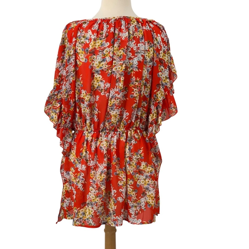 Suzanne Betro‎ Red Floral Tunic Top Boho Ruffle Flutter Sleeves Elastic Waist 1X - Picture 5 of 8